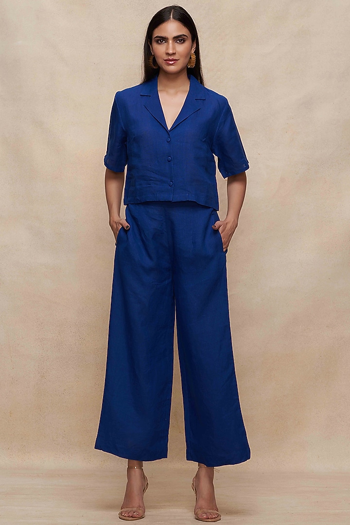 Navy Blue Linen Straight Pants by Gulabo By Abu Sandeep at Pernia's Pop Up Shop
