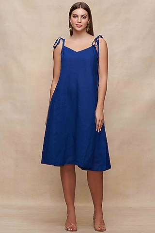 Navy Blue Linen Oversized Slip Dress by Gulabo By Abu Sandeep