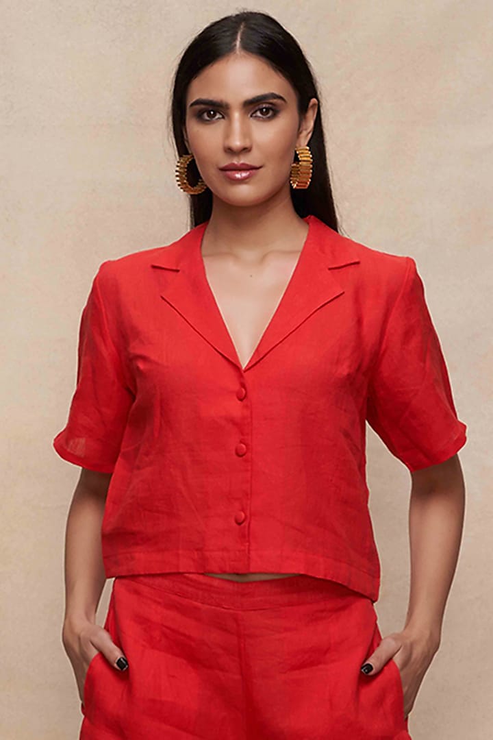 Red Linen Crop Shirt by Gulabo By Abu Sandeep