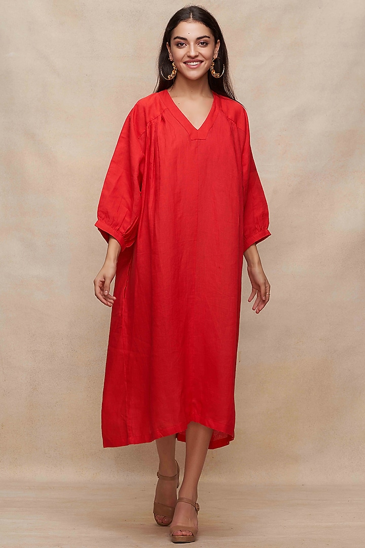 Red Linen Kaftan Dress by Gulabo By Abu Sandeep