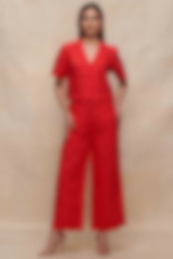 Red Linen Straight Pants by Gulabo By Abu Sandeep