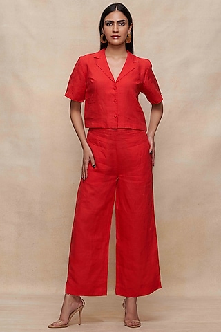 Red Linen Straight Pants by Gulabo By Abu Sandeep