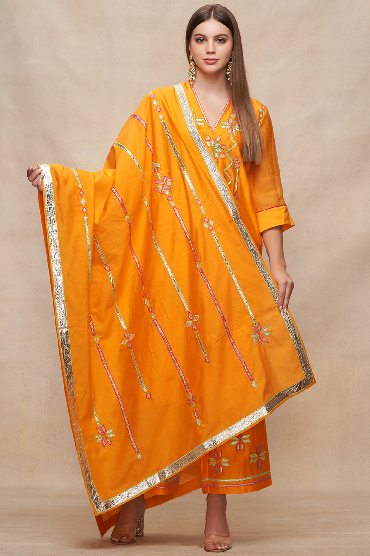 Mango Yellow Chanderi Gota Work Dupatta by Gulabo By Abu Sandeep at Pernia's Pop Up Shop