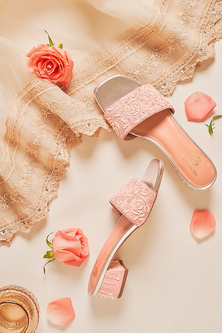 Pink Faux Leather Pearl Embellished Heels by Shilpsutra