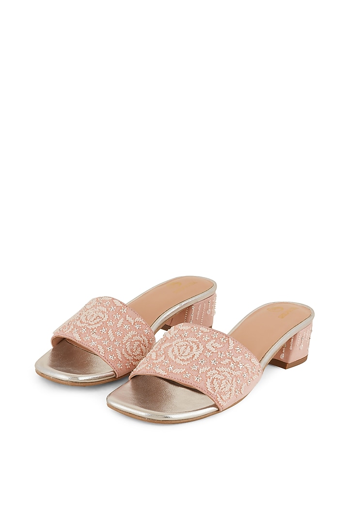 Pink Faux Leather Pearl Embellished Heels by Shilpsutra at Pernia's Pop Up Shop