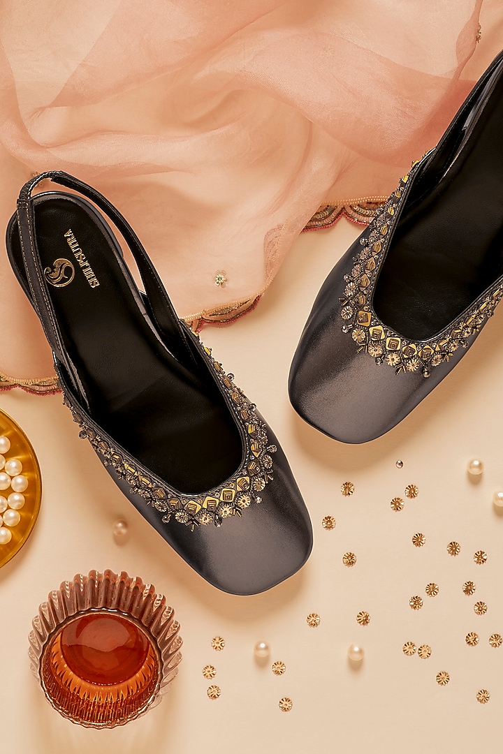 Black Faux Leather Embellished Heels by Shilpsutra at Pernia's Pop Up Shop