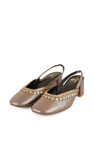 Black Faux Leather Embellished Heels by Shilpsutra