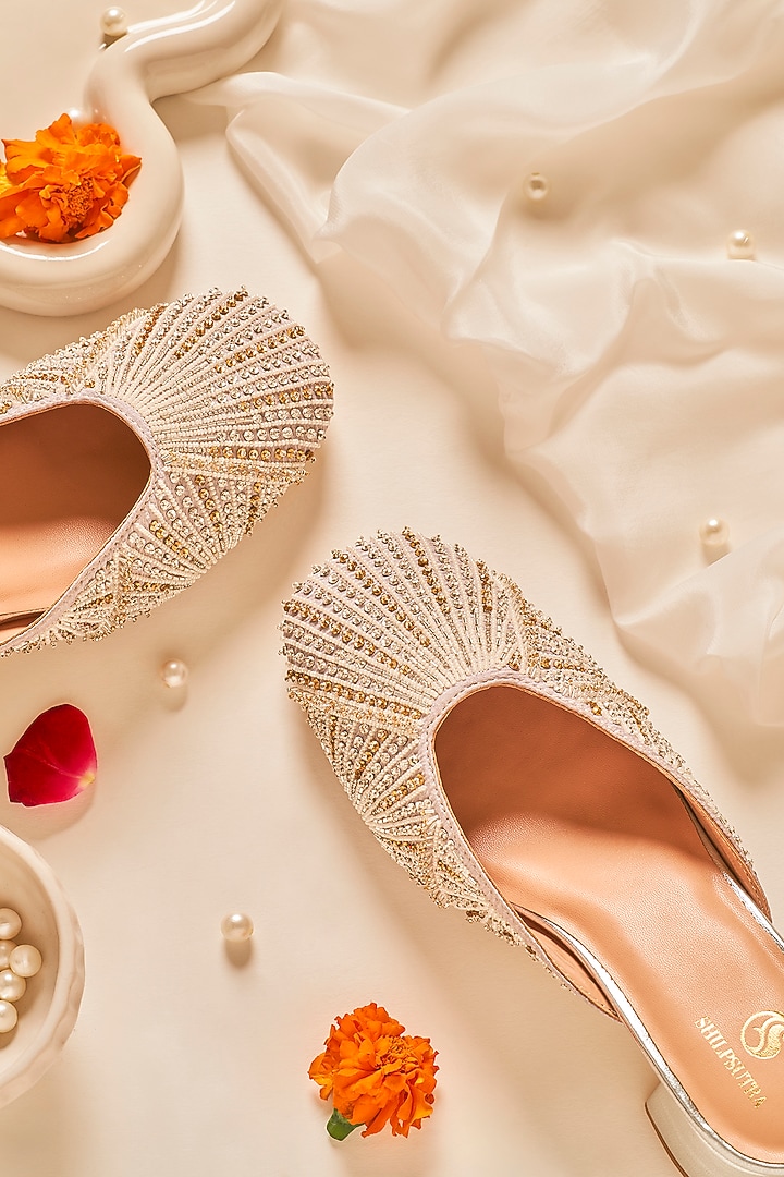 Grey Faux Leather Embroidered Mules by Shilpsutra at Pernia's Pop Up Shop