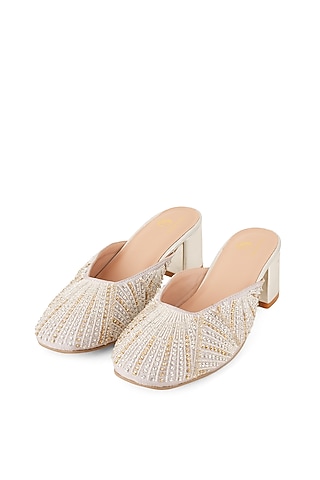 Grey Faux Leather Embroidered Mules by Shilpsutra