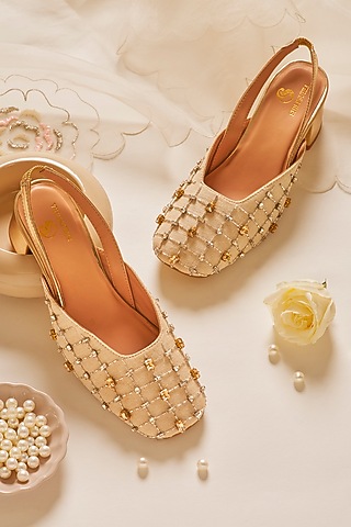 Gold Faux Leather Embroidered Mules by Shilpsutra