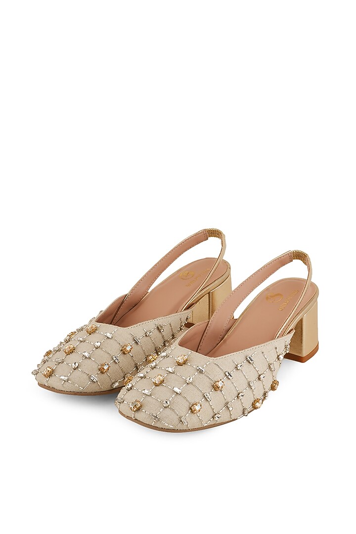 Gold Faux Leather Embroidered Mules by Shilpsutra at Pernia's Pop Up Shop