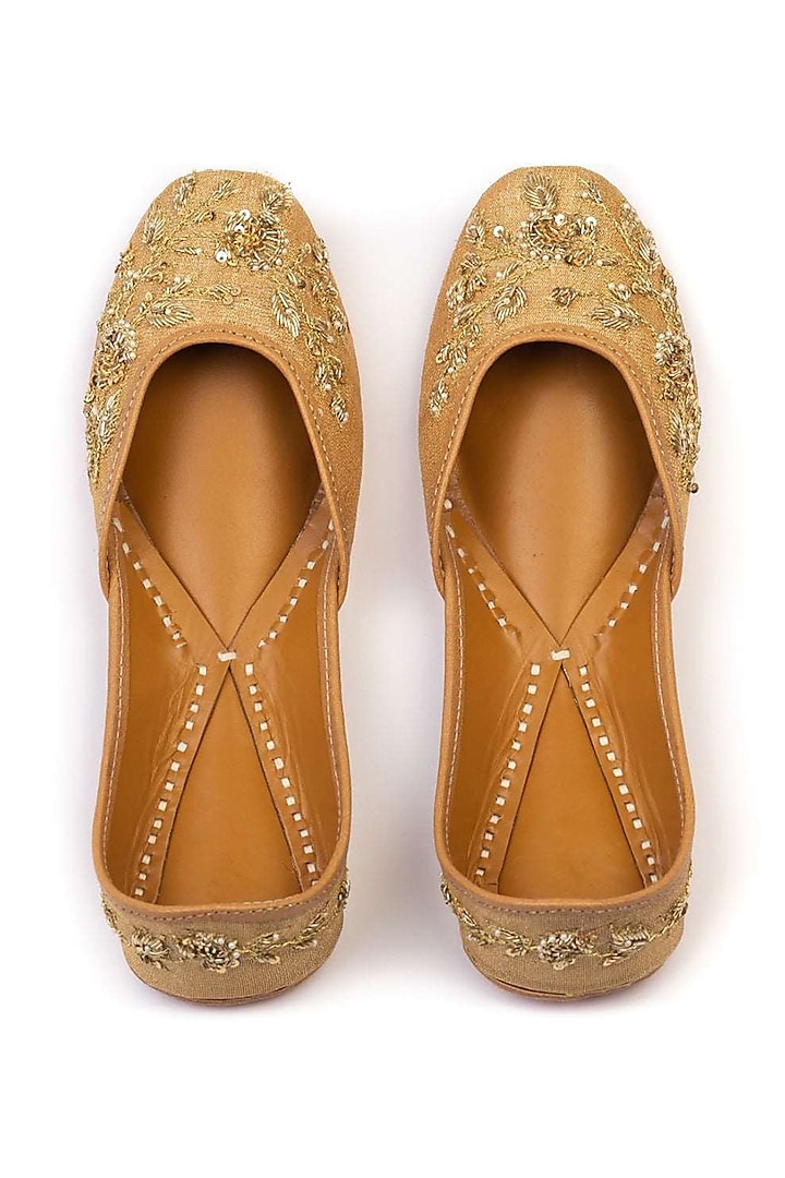 Gold Leather Brocade Embroidered Juttis by Shilpsutra