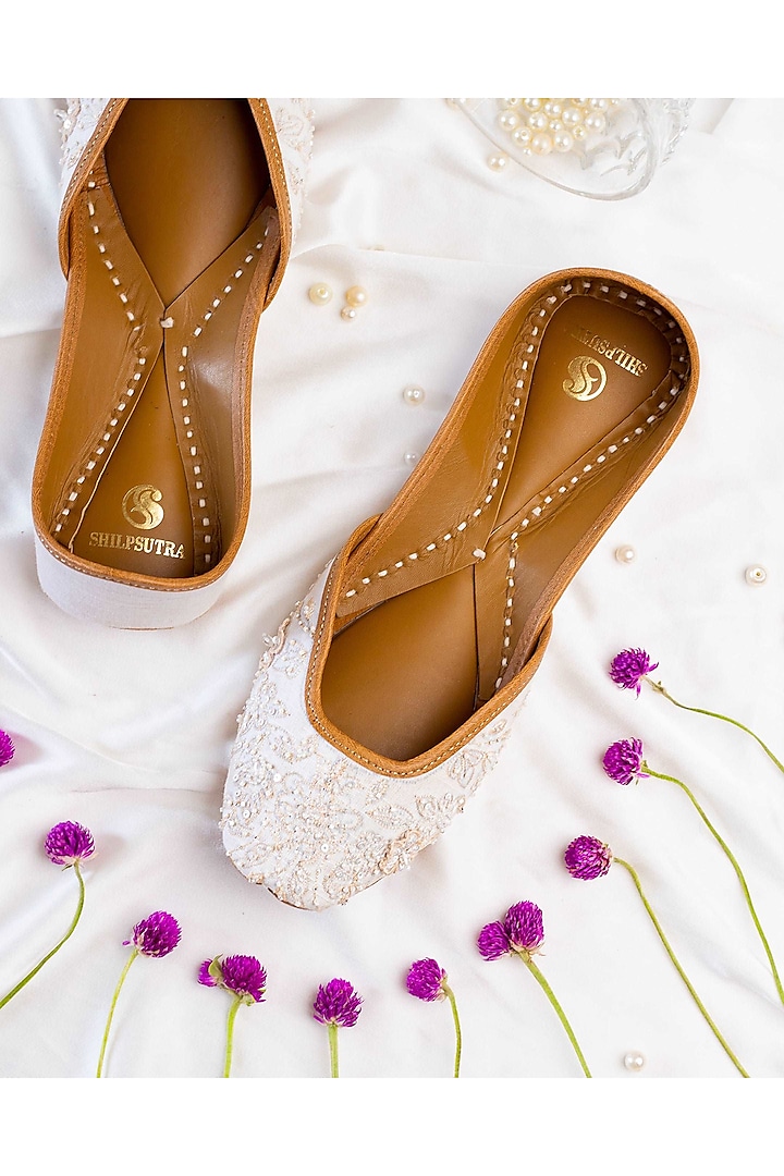 White Leather Resham & Crystal Embroidered Juttis by Shilpsutra