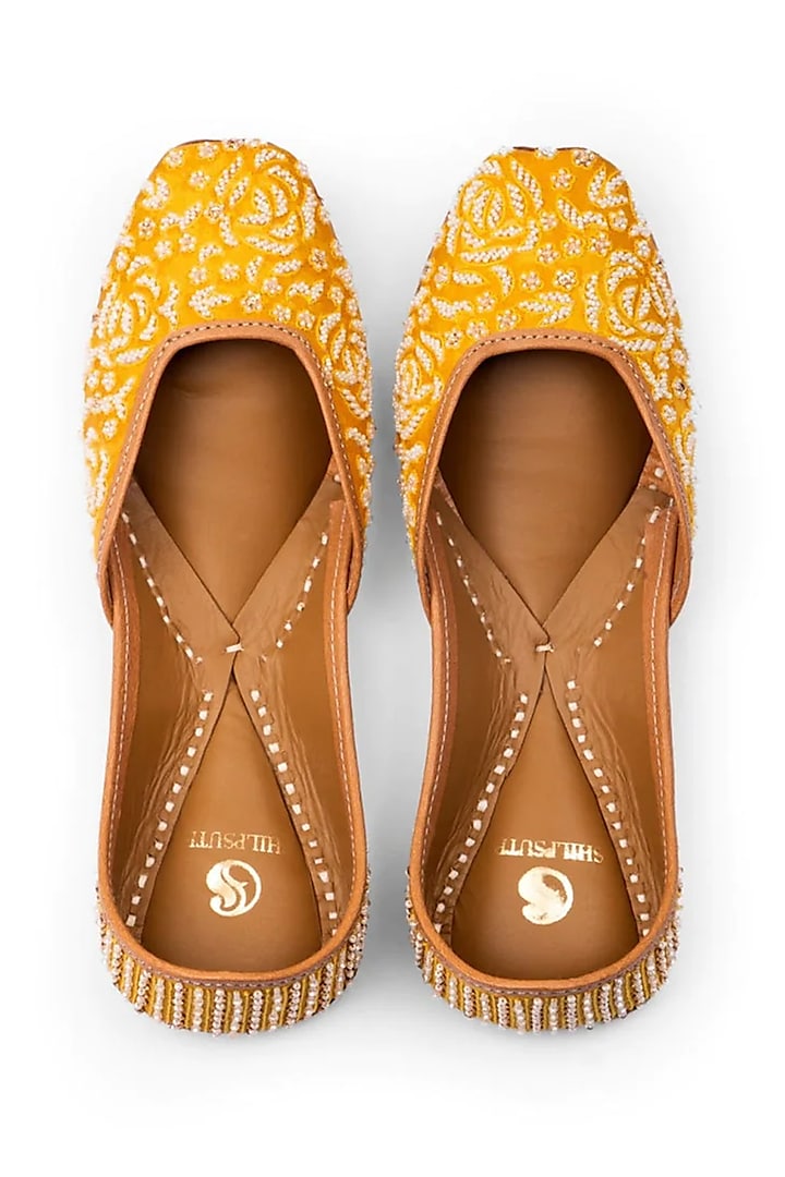 Mustard Yellow Leather Beaded Work Juttis by Shilpsutra