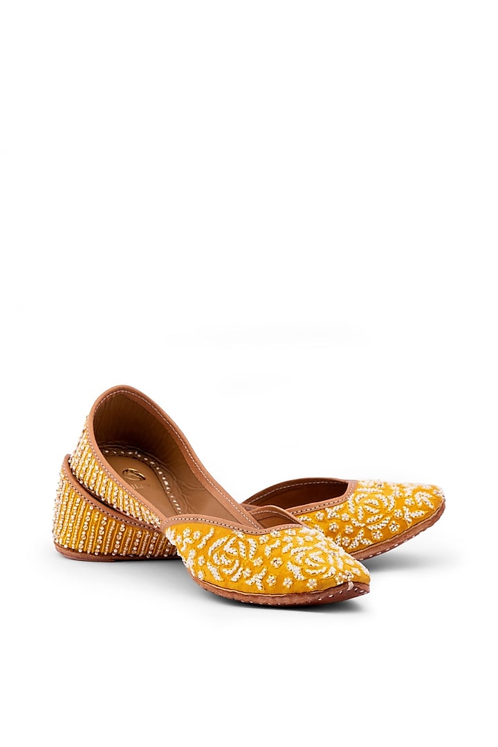 Mustard Yellow Leather Beaded Work Juttis by Shilpsutra at Pernia's Pop Up Shop