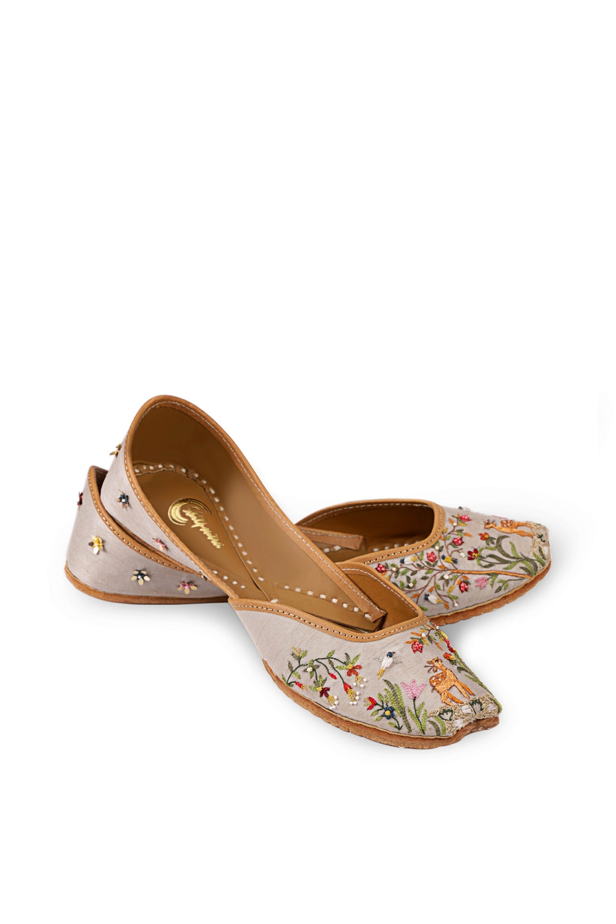 Grey Leather Resham Thread & Beaded Embroidered Juttis by Shilpsutra at Pernia's Pop Up Shop