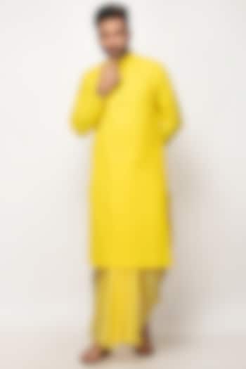 Yellow Cotton Khadi Pleated Long Kurta by Sepia Stories Men