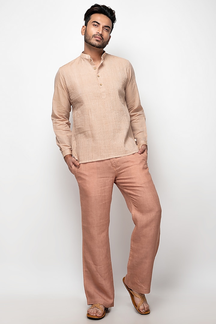 Blush Handwoven Cotton Pleated Short Kurta by Sepia Stories Men