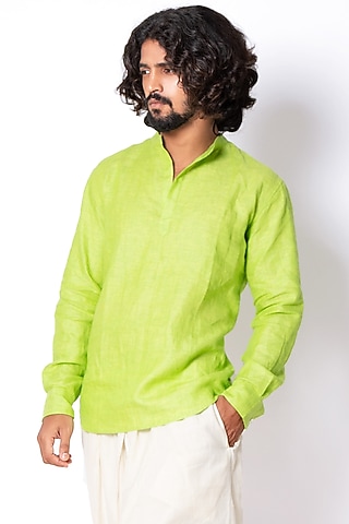 Lime Pure Linen Short Kurta by Sepia Stories Men