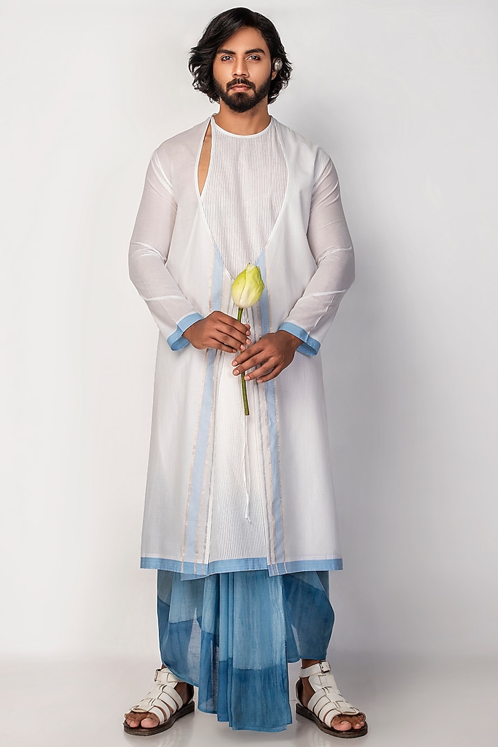 White Handcrafted Angrakha Kurta by Sepia Stories Men