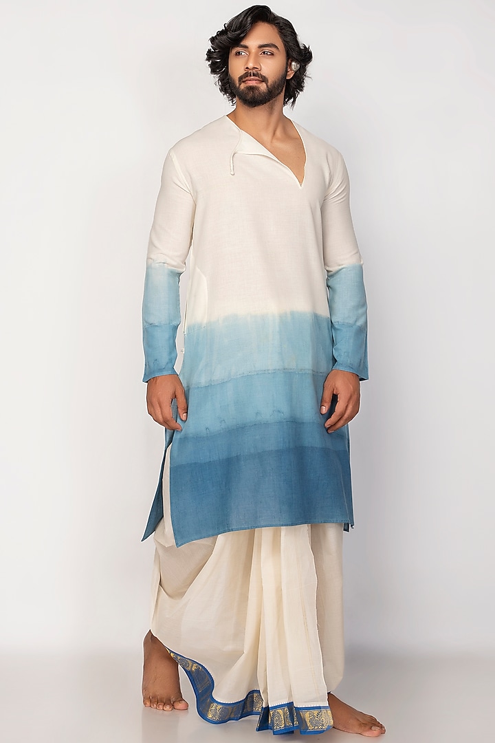 Off-White & Blue Tie-Dye Asymmetrical Kurta by Sepia Stories Men