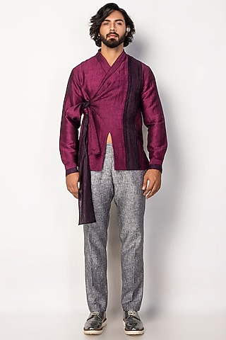 Plum Linen Wrap Shirt by Sepia Stories Men