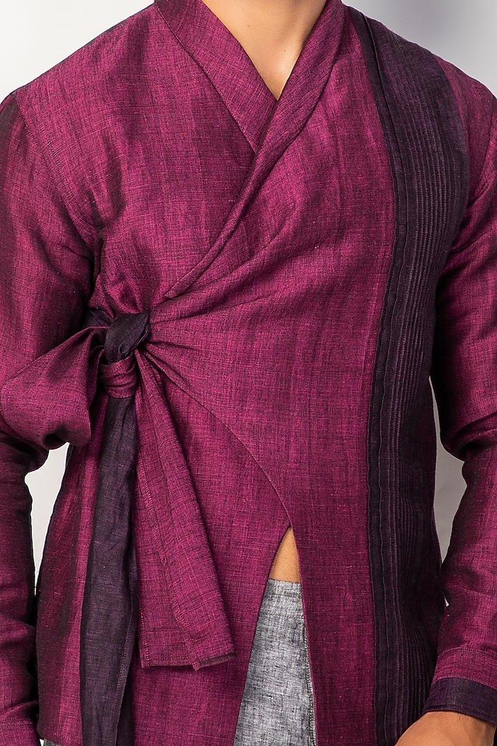 Plum Linen Wrap Party Wear Shirt by Sepia Stories Men at Pernia's Pop Up Shop