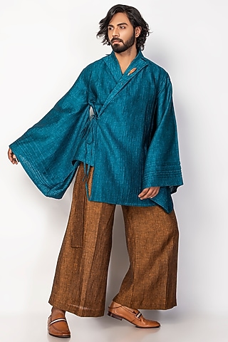 Peacock Blue Pure Linen Wrap Shirt by Sepia Stories Men