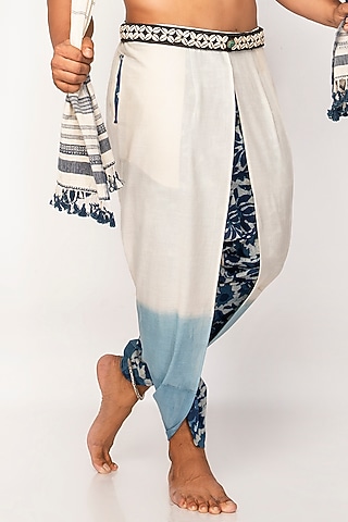 Beige & Blue Hand Block Printed Dhoti Pants by Sepia Stories Men