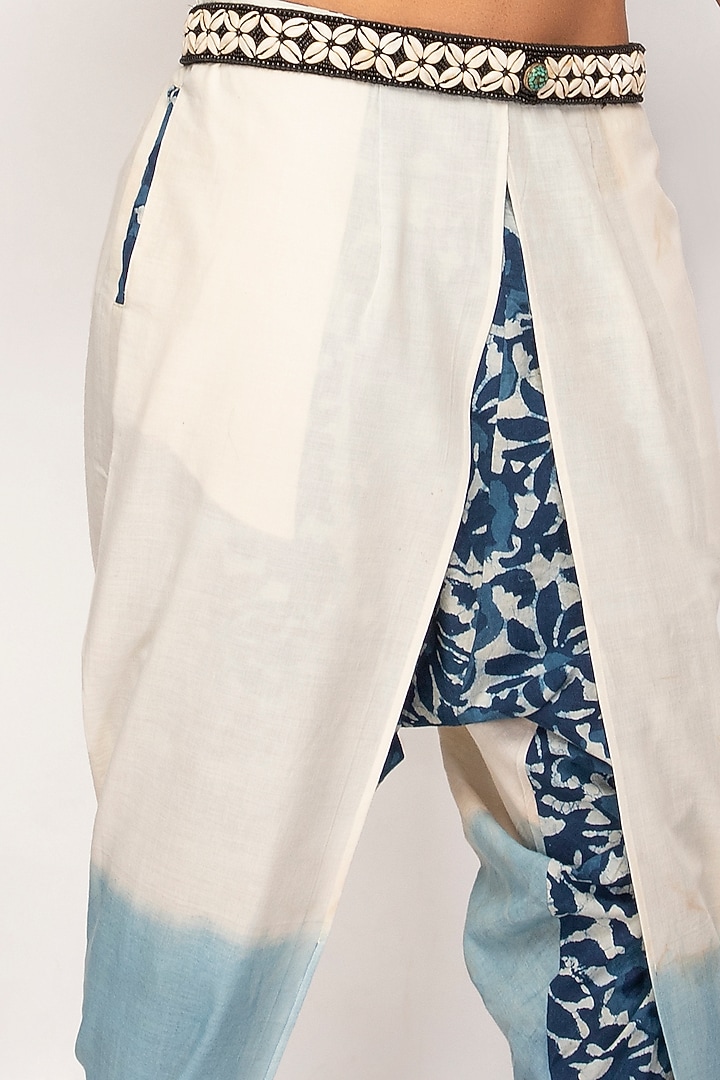 Beige & Blue Hand Block Printed Dhoti Pants by Sepia Stories Men at Pernia's Pop Up Shop
