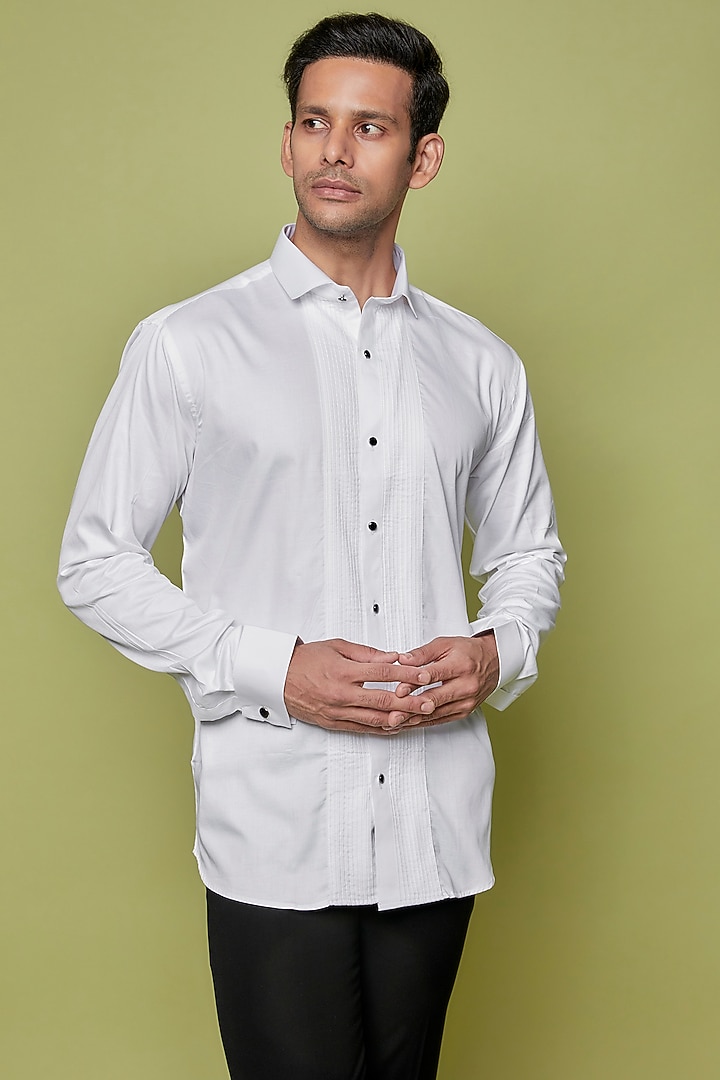 White Giza Cotton Tuxedo Summer Shirt by SVEN SUITS at Pernia's Pop Up Shop