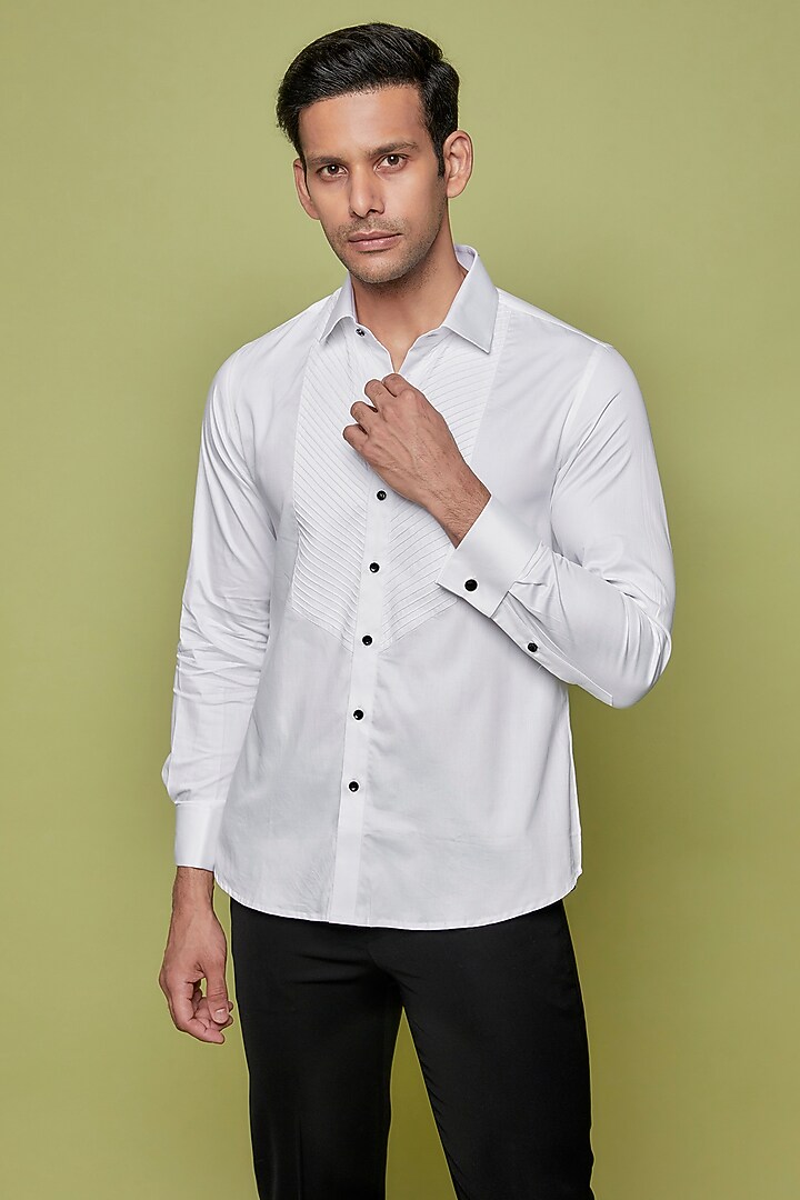 White Giza Cotton Tuxedo Summer Shirt by SVEN SUITS at Pernia's Pop Up Shop