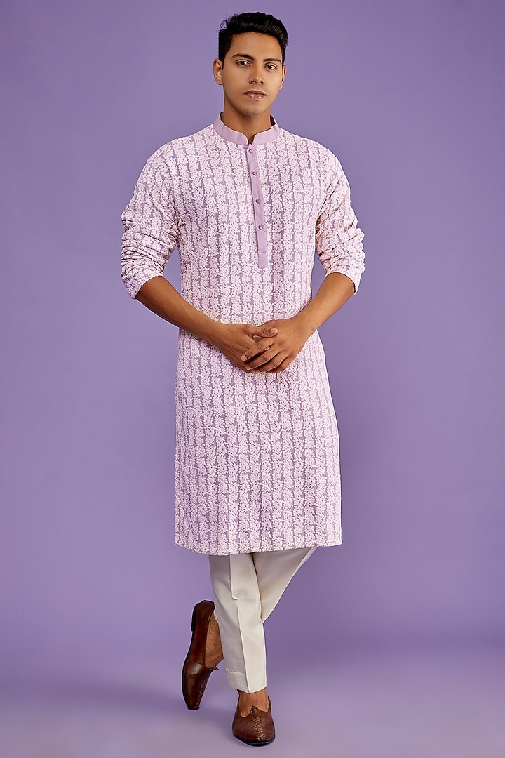 Lilac Rayon Chikan Embroidered Kurta Set by SVEN SUITS at Pernia's Pop Up Shop