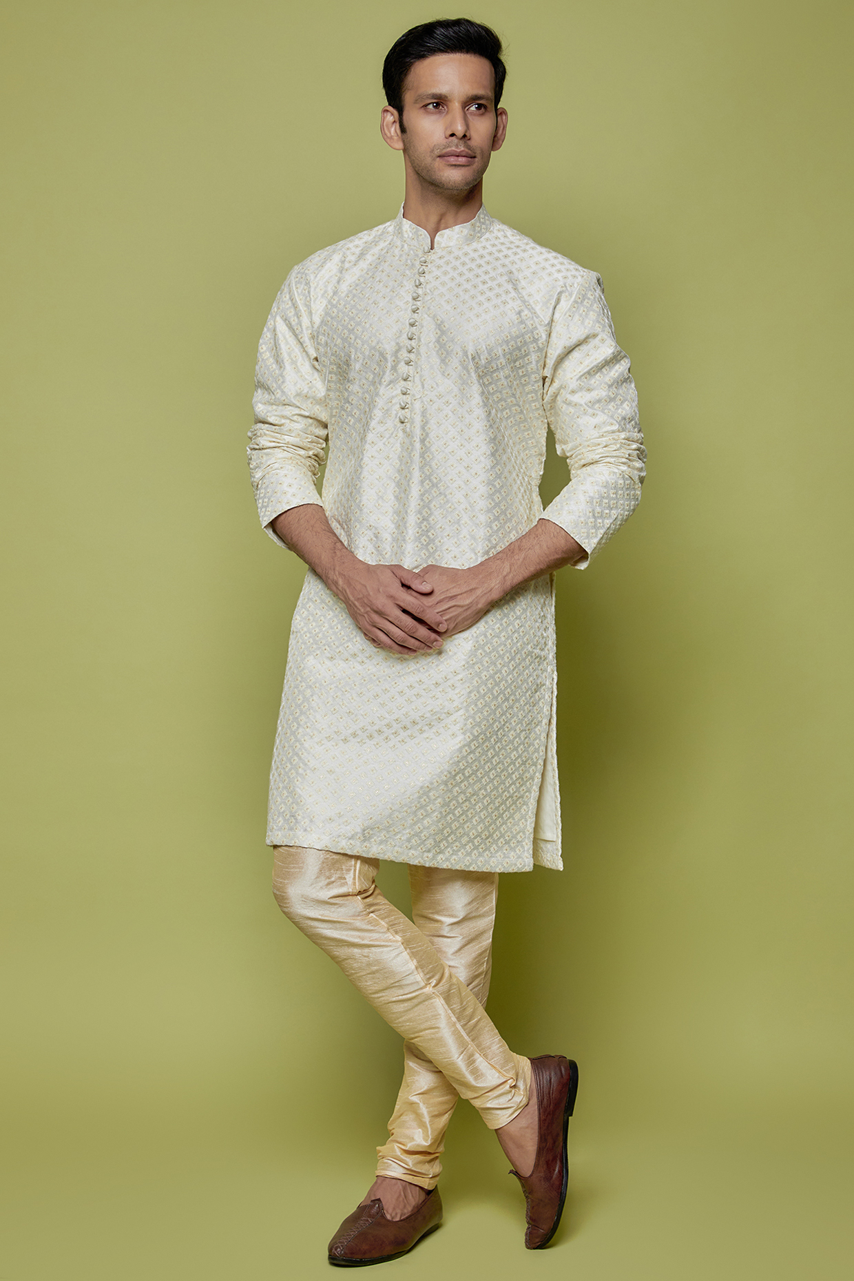 Cream Dupion Silk Motif Embroidered Kurta Set by SVEN SUITS at Pernia's Pop Up Shop