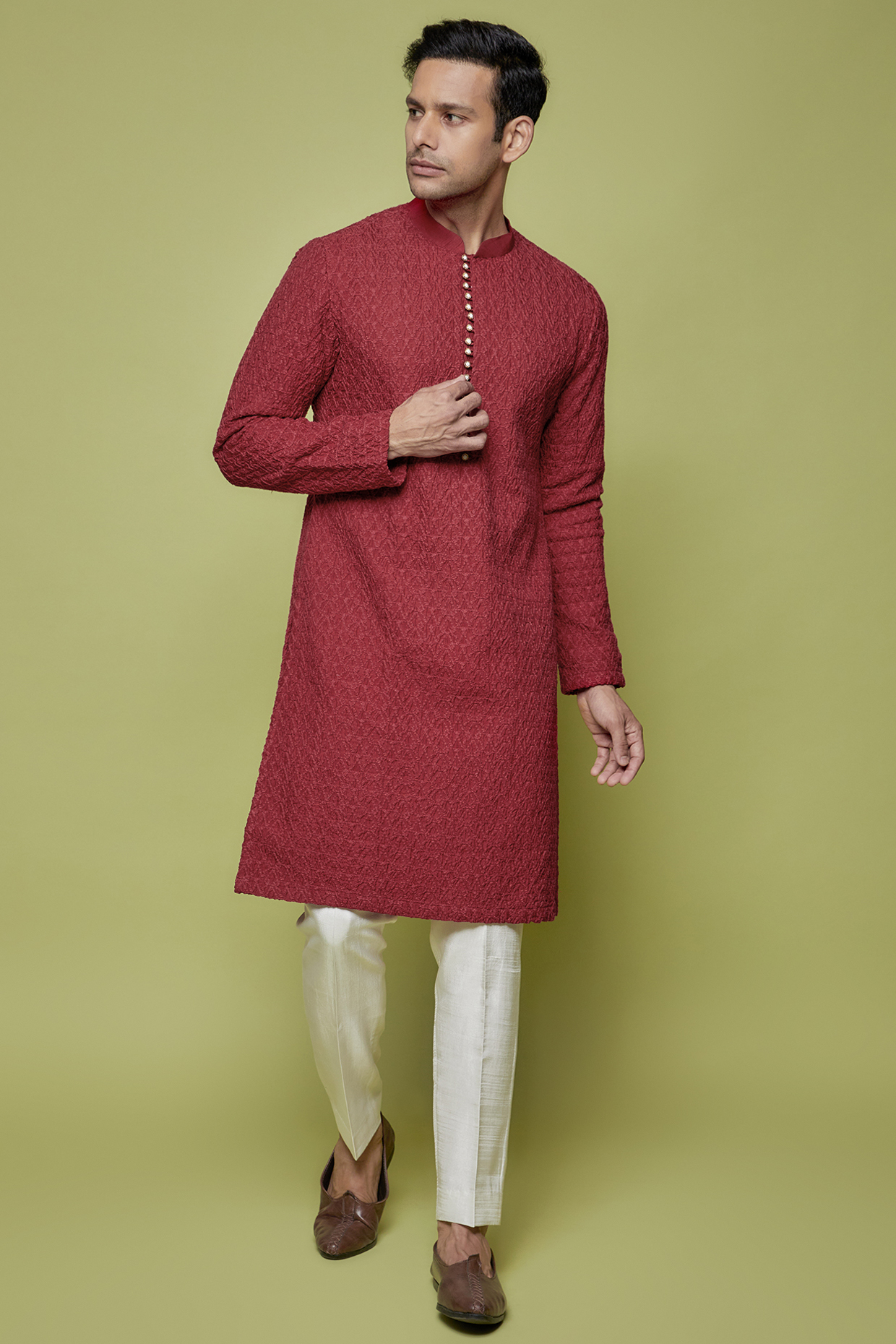 Red SIlk Embroidered Kurta Set by SVEN SUITS at Pernia's Pop Up Shop