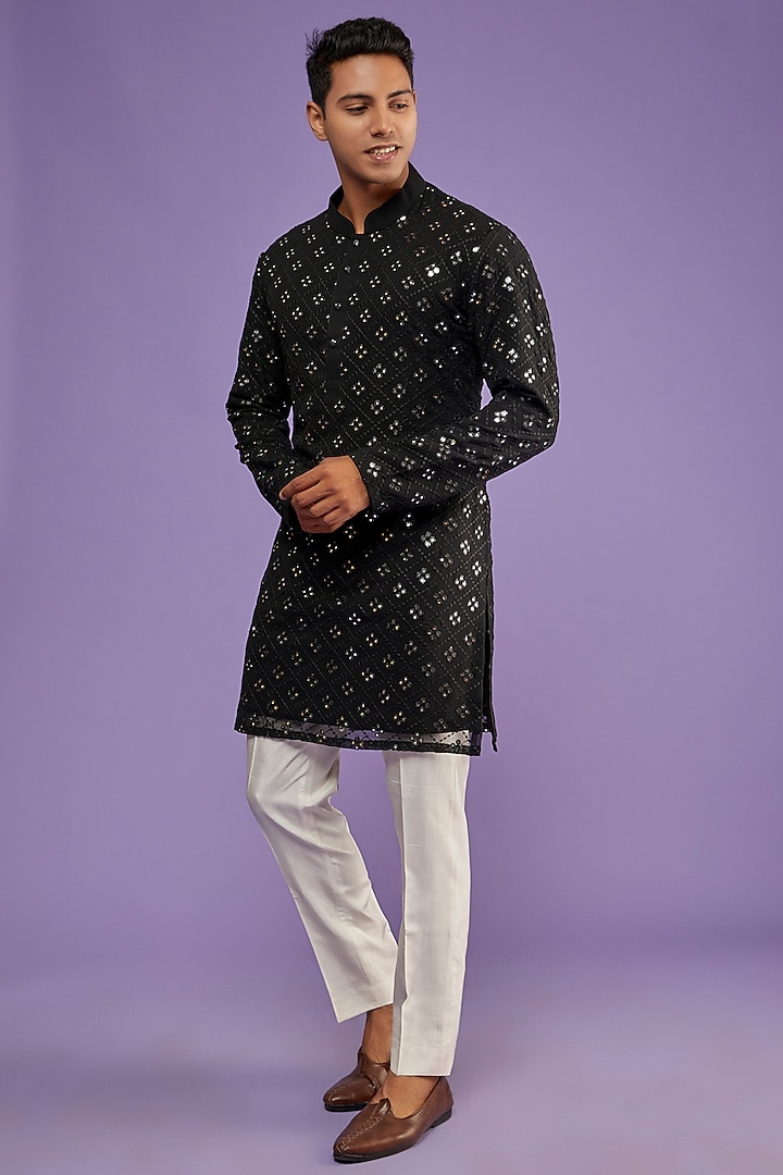 Black Georgette Embroidered Kurta Set by SVEN SUITS at Pernia's Pop Up Shop