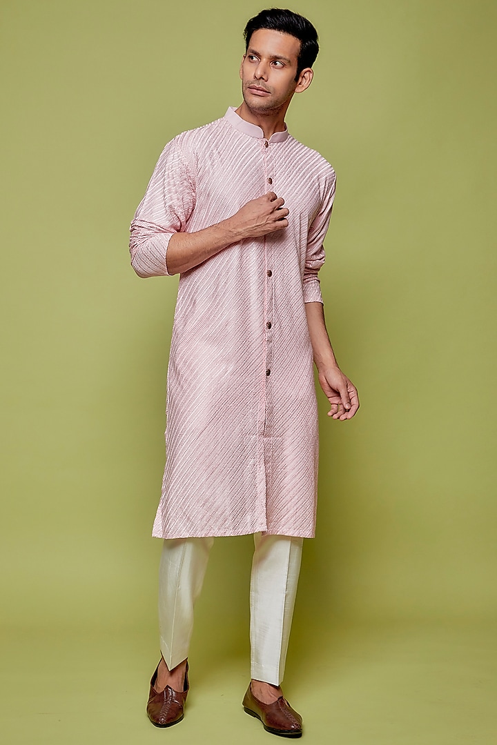 Pastel Pink Cotton Rayon Embroidered Achkan Kurta Set by SVEN SUITS