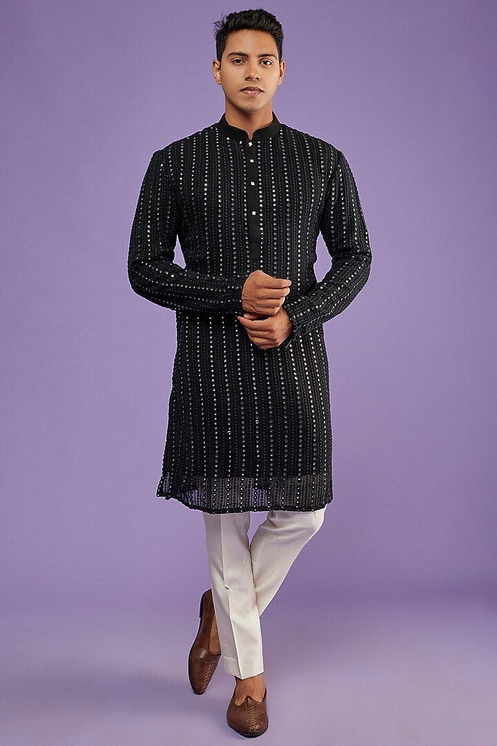 Black Georgette Mirror Embroidered Kurta Set by SVEN SUITS at Pernia's Pop Up Shop