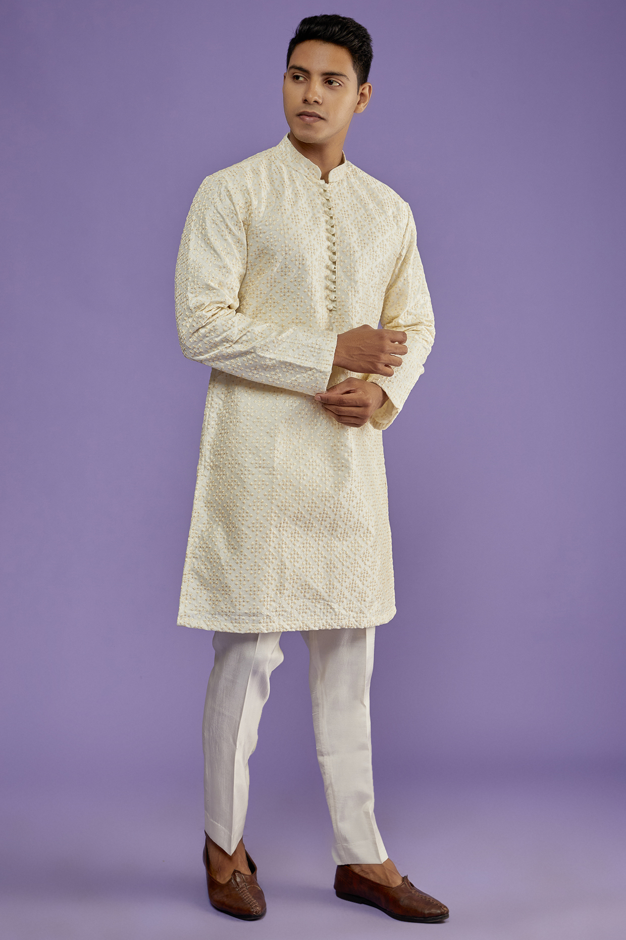 Cream Dupion Silk Gold Embroidered Kurta Set by SVEN SUITS at Pernia's Pop Up Shop
