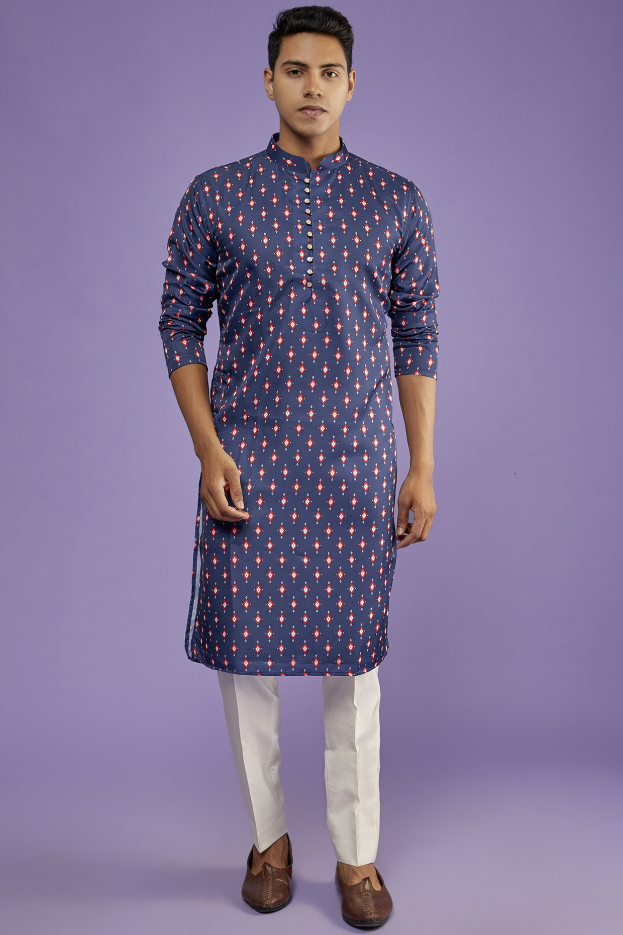 Navy Blue Polyester Digital Printed Kurta Set by SVEN SUITS