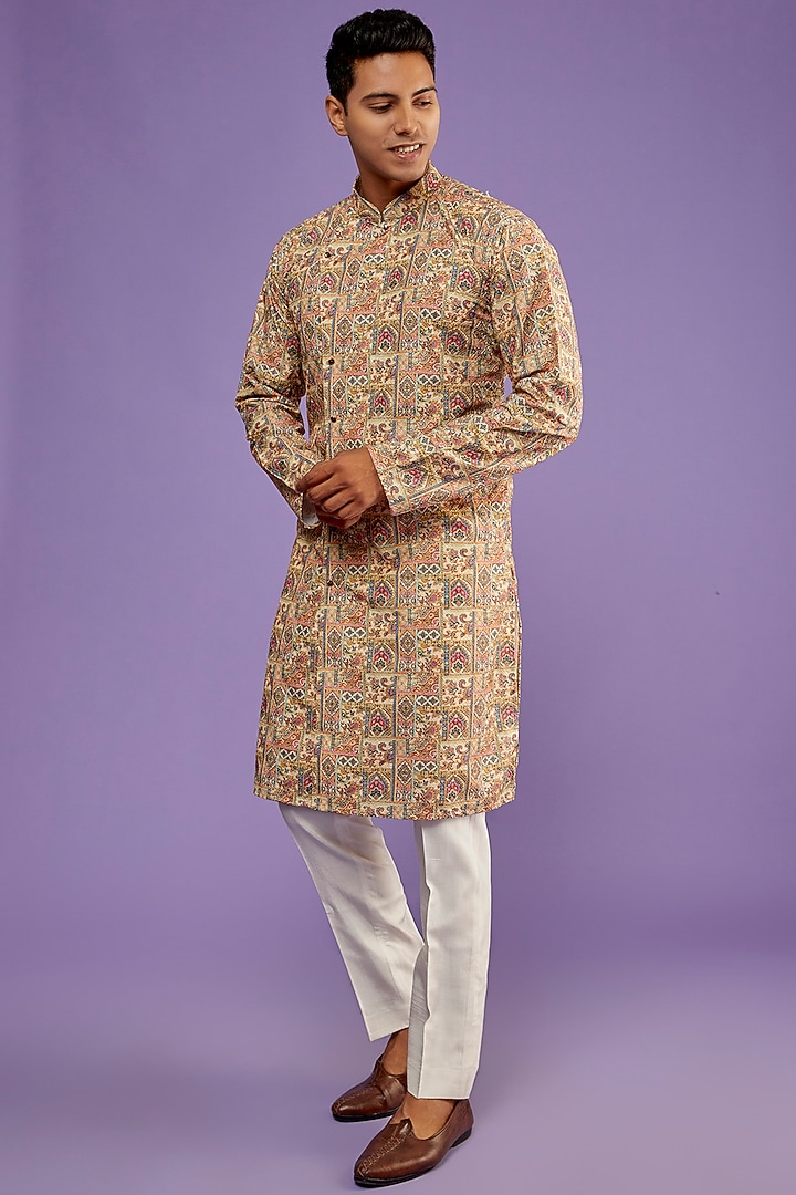 Beige Cotton Rayon Floral Motif Printed Kurta Set by SVEN SUITS at Pernia's Pop Up Shop