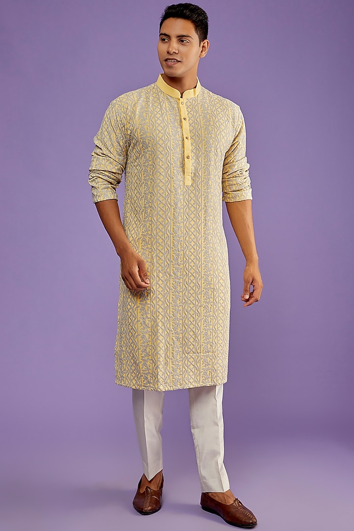 Faded Yellow Cotton Rayon Embroidered Kurta Set by SVEN SUITS