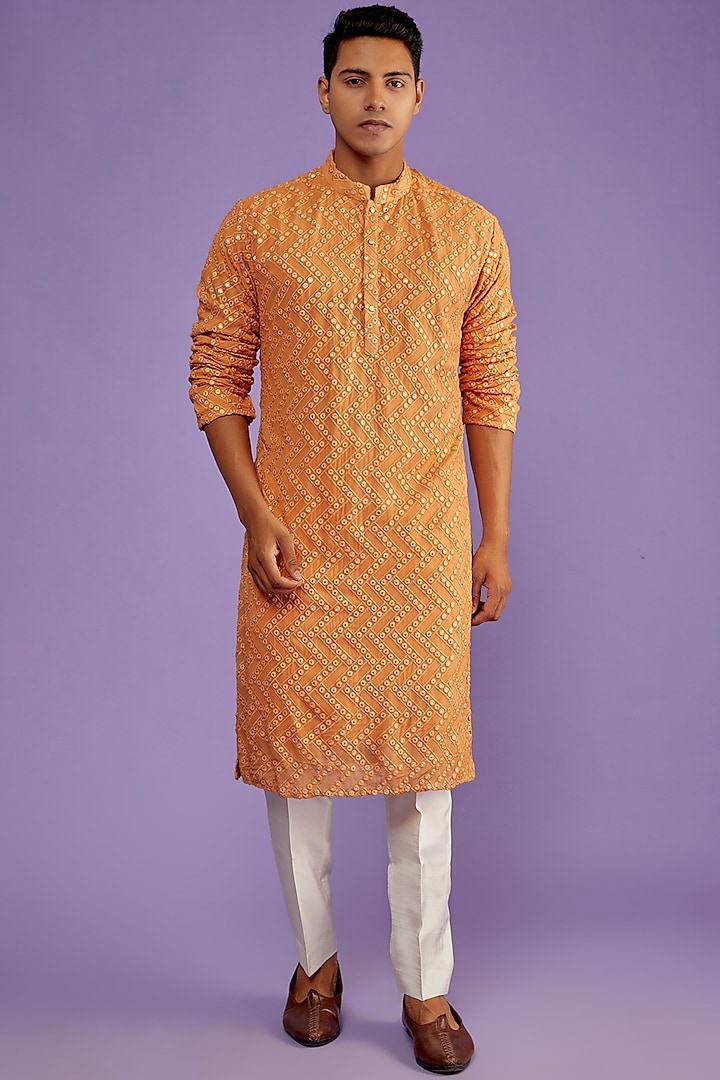 Peach Georgette Embroidered Kurta Set by SVEN SUITS