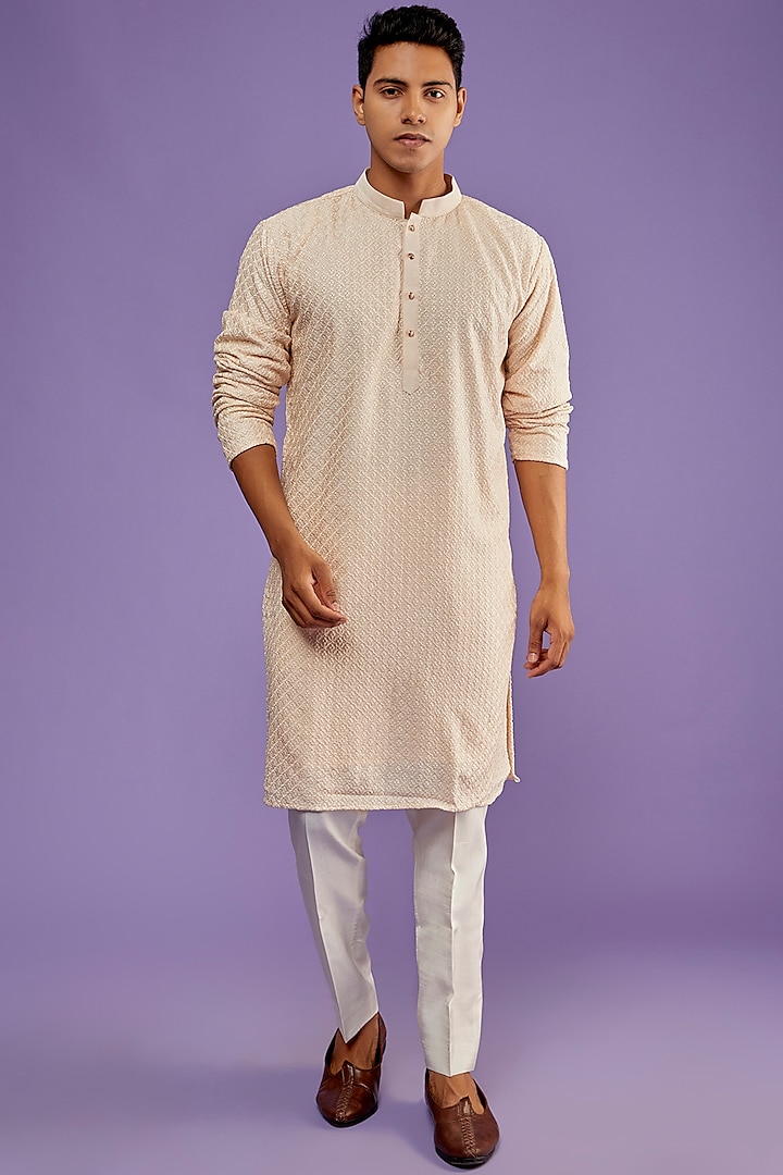 Ivory Silk Embroidered Kurta Set by SVEN SUITS