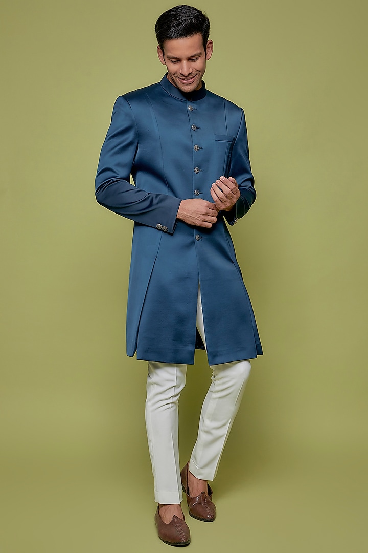 Teal Blue Imported Satin Achkan Jacket Set by SVEN SUITS