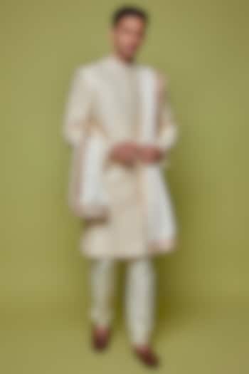 Ivory Silk Dupion Embroidered Wedding Sherwani Set by SVEN SUITS at Pernia's Pop Up Shop