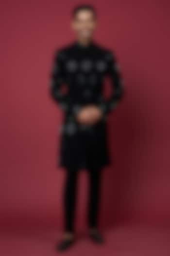 Black Faux Silk Hand Embroidered Wedding Sherwani Set by SVEN SUITS at Pernia's Pop Up Shop