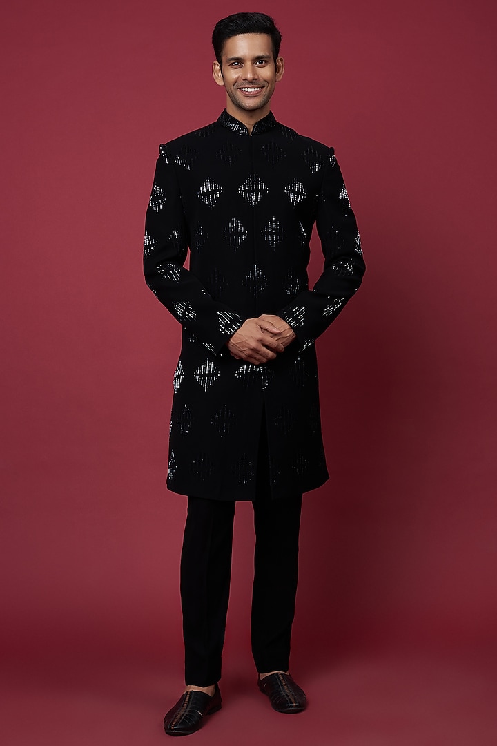 Black Faux Silk Hand Embroidered Wedding Sherwani Set by SVEN SUITS at Pernia's Pop Up Shop
