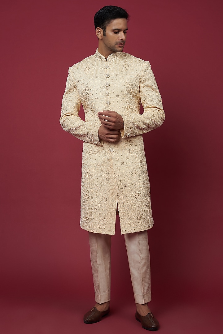 Cream Faux Silk Embroidered Sherwani Set by SVEN SUITS
