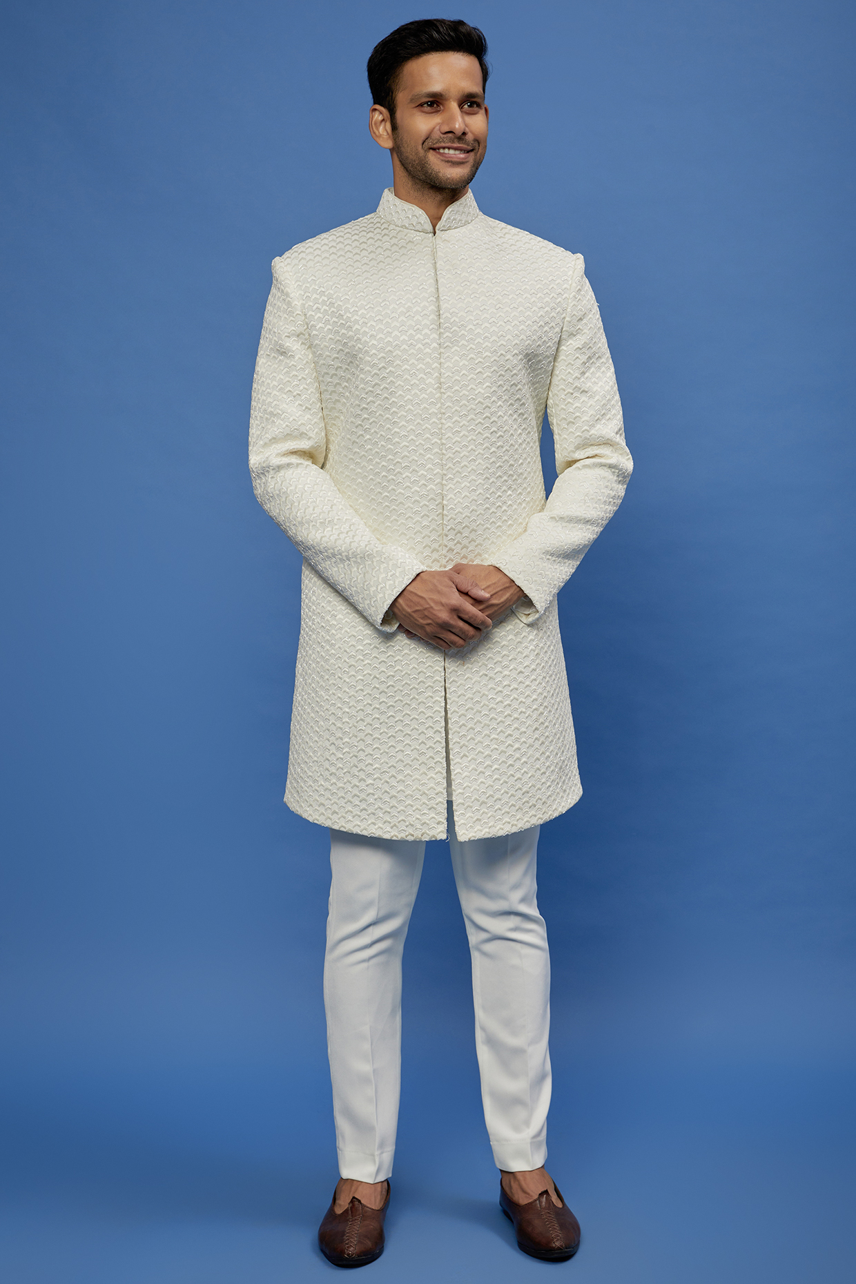 Off-White Four Way Stretch Embroidered Wedding Sherwani Set by SVEN SUITS at Pernia's Pop Up Shop